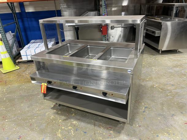 NEW! Delfield Custom Buffet Style Commercial Stainless Steel Electric Powered 48" Triple Well Hot Food Steam Table! With Pan Rail & Individual Controls! With Single Service Flip-Up Sneeze Guard! With Enclosed Base! Model: F14EI348 SN: 2306820101523! 208-230V 1 Phase! On Legs! - Image 1 of 4