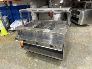 NEW! Delfield Custom Buffet Style Commercial Stainless Steel Electric Powered 48" Triple Well Hot Food Steam Table! With Pan Rail & Individual Controls! With Single Service Flip-Up Sneeze Guard! With Enclosed Base! Model: F14EI348 SN: 2306820101523! 208-230V 1 Phase! On Legs!
