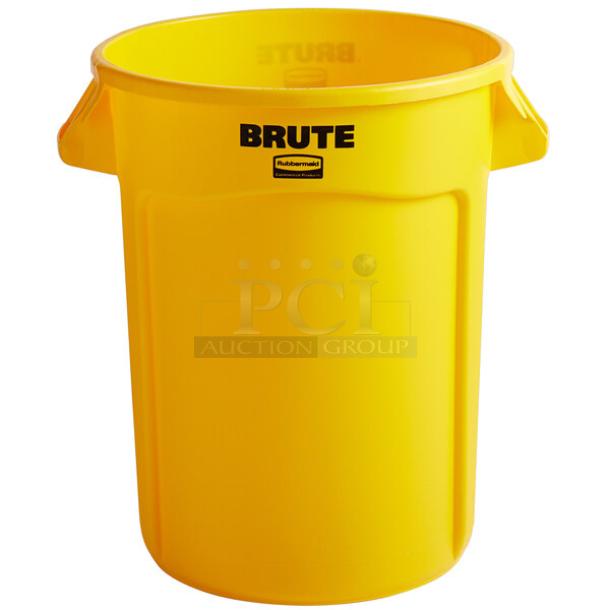 BRAND NEW! Rubbermaid BRUTE Series Commercial Yellow Heavy Duty 32 Gal. Round Trash/Waste Bins! With Non-Slip Handles & Liner Cinches! With Molded Grip Base! Model: FG263200YEL! 5X Your Bid! - Image 1 of 2