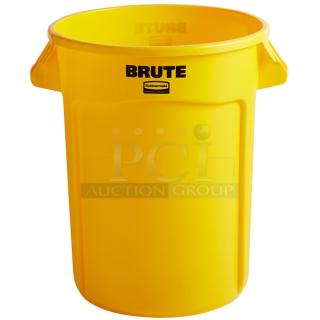 BRAND NEW! Rubbermaid BRUTE Series Commercial Yellow Heavy Duty 32 Gal. Round Trash/Waste Bins! With Non-Slip Handles & Liner Cinches! With Molded Grip Base! Model: FG263200YEL! 5X Your Bid!