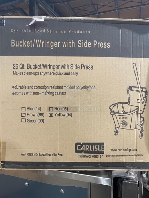BRAND NEW! Carlisle Commercial Yellow Heavy Duty 26 Qt. Mop Bucket! With Side Press Wringer! Model: 3690804! On Casters! - Image 2 of 4