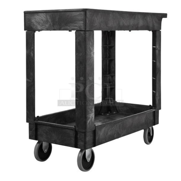 BRAND NEW! Rubbermaid Commercial Black Heavy Duty 2-Tier Small Lipped Utility Pushcart! Model: FG9T6600BLA! With Casters! - Image 1 of 4