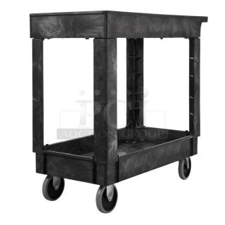 BRAND NEW! Rubbermaid Commercial Black Heavy Duty 2-Tier Small Lipped Utility Pushcart! Model: FG9T6600BLA! With Casters!