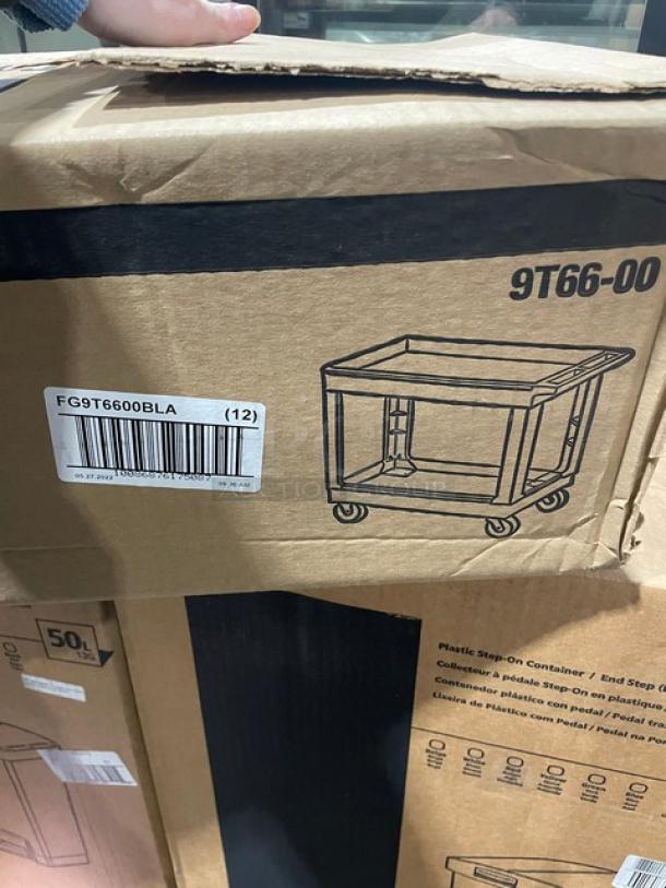 BRAND NEW! Rubbermaid Commercial Black Heavy Duty 2-Tier Small Lipped Utility Pushcart! Model: FG9T6600BLA! With Casters! - Image 2 of 4