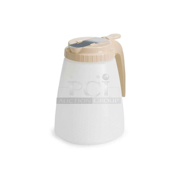 BRAND NEW! Tablecraft Commercial Clear Polyethylene 48 Oz. Multi-Purpose Server/Dispenser! With Almond Colored Thumb-Tab Screw-Top Lid! 6/Case! Model: 748A! ALL ONE MONEY! - Image 1 of 3