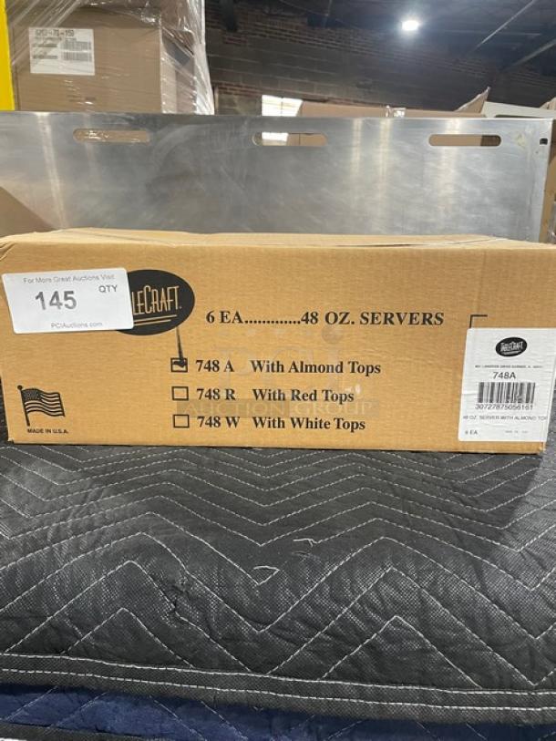 BRAND NEW! Tablecraft Commercial Clear Polyethylene 48 Oz. Multi-Purpose Server/Dispenser! With Almond Colored Thumb-Tab Screw-Top Lid! 6/Case! Model: 748A! ALL ONE MONEY! - Image 2 of 3