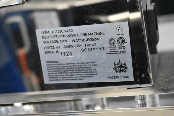BRAND NEW SCRATCH AND DENT! 2024 Carnival King 382SCM250 Metal Commercial Countertop Sno Cone Ice Machine. 120 Volts, 1 Phase. Tested and Working! - Image 8 of 8