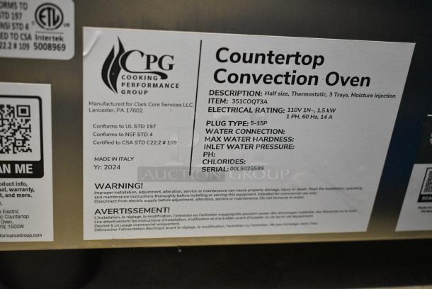BRAND NEW SCRATCH AND DENT! Cooking Performance Group CPG COQ-T3-A Stainless Steel Commercial Electric Powered Thermostatic Countertop 3 Tray Quarter Size Convection Oven. 120 Volts, 1 Phase. Tested and Working! - Image 6 of 6