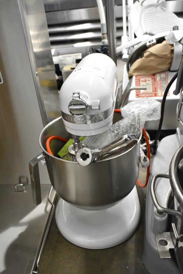BRAND NEW SCRATCH AND DENT! KitchenAid KSM8990WH White 8 Qt. Bowl Lift Countertop Mixer with Mixing Bowl, Dough Hook, Paddle and Whisk Attachments. 120 Volts, 1 Phase. Tested and Working! - Image 1 of 8