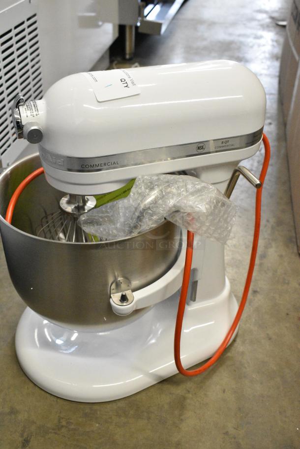 BRAND NEW SCRATCH AND DENT! KitchenAid KSM8990WH White 8 Qt. Bowl Lift Countertop Mixer with Mixing Bowl, Dough Hook, Paddle and Whisk Attachments. 120 Volts, 1 Phase. Tested and Working! - Image 5 of 8