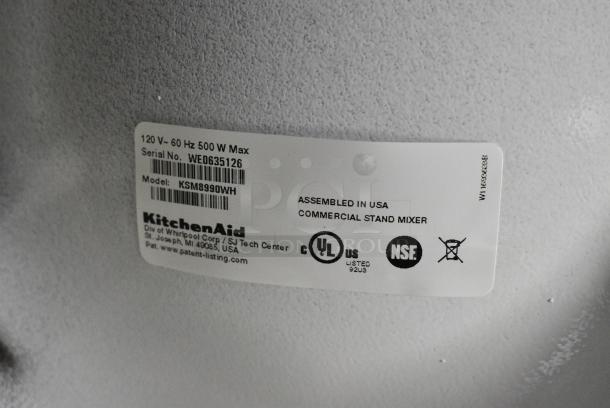 BRAND NEW SCRATCH AND DENT! KitchenAid KSM8990WH White 8 Qt. Bowl Lift Countertop Mixer with Mixing Bowl, Dough Hook, Paddle and Whisk Attachments. 120 Volts, 1 Phase. Tested and Working! - Image 8 of 8