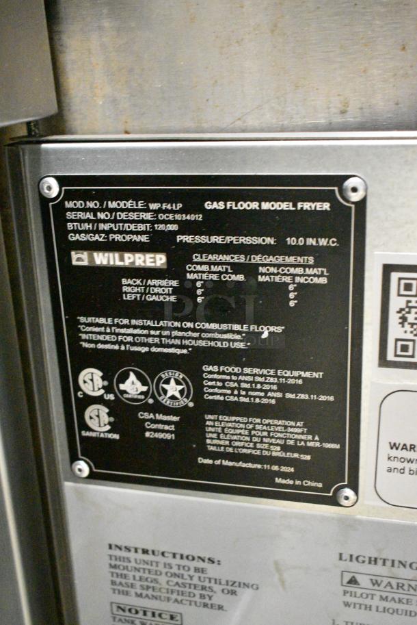 BRAND NEW SCRATCH AND DENT! Wilprep WP-F4-LP Stainless Steel Commercial Floor Style Propane Gas Powered Deep Fat Fryer w/ 2 Metal Fry Baskets. 120,000 BTU. - Image 8 of 16