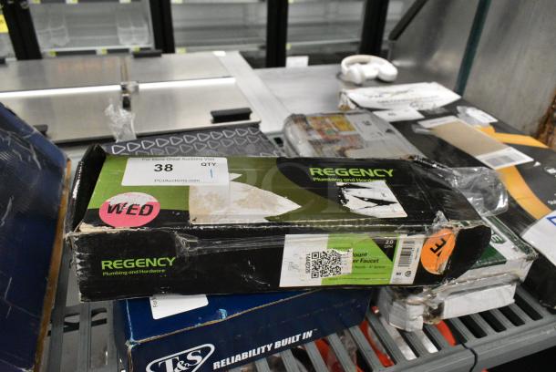 BRAND NEW SCRATCH AND DENT! 600FW84G Regency Wall Mount Faucet with 3 1/2" Swivel Gooseneck Spout and 8" Centers - Image 2 of 4