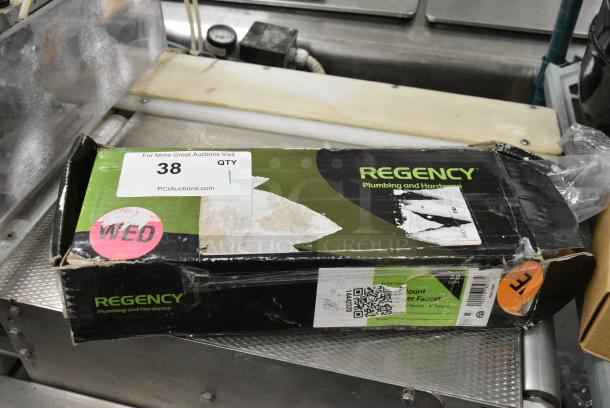 BRAND NEW SCRATCH AND DENT! 600FW84G Regency Wall Mount Faucet with 3 1/2" Swivel Gooseneck Spout and 8" Centers - Image 3 of 4