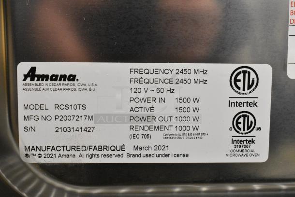 2021 Amana RCS10TS Stainless Steel Commercial Countertop Microwave Oven. 120 Volts, 1 Phase. - Image 6 of 6