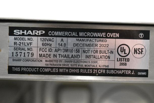 2022 Sharp R-21LVF Stainless Steel Commercial Countertop Microwave Oven. 120 Volts, 1 Phase. - Image 7 of 7