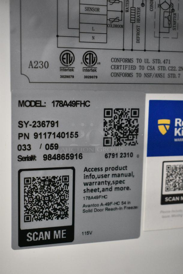 2023 Avantco 178A49FHC Stainless Steel Commercial 2 Door Reach In Freezer on Commercial Casters. 115 Volts, 1 Phase. Tested and Working! - Image 6 of 7