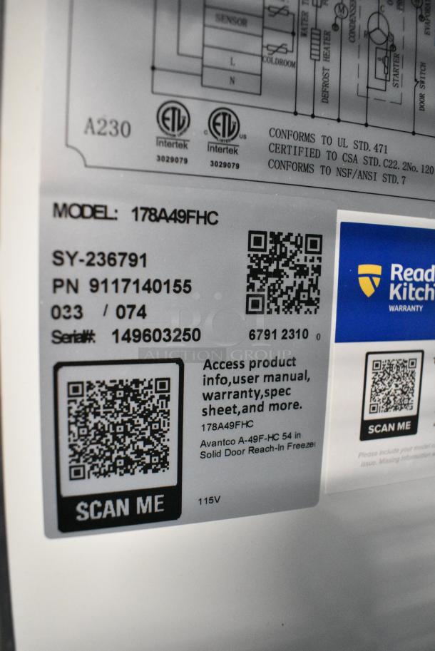 2023 Avantco 178A49FHC Stainless Steel Commercial 2 Door Reach In Freezer on Commercial Casters. 115 Volts, 1 Phase. Tested and Working! - Image 5 of 6