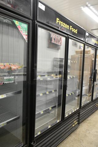 True GDM-49F-LD Metal Commercial 2 Door Reach In Freezer Merchandiser w/ Poly Coated Racks. 115/208-230 Volts, 1 Phase. Tested and Working!