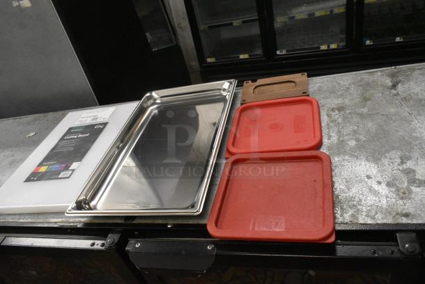 5 BRAND NEW SCRATCH AND DENT! Items Including 40718121WH Choice 18" x 12" x 1" White Polyethylene Cutting Board, Vollrath 90012 Super Pan 3® Full Size 1 1/2" Deep Anti-Jam Stainless Steel Steam Table / Hotel Pan - 22 Gauge,2 Red Lids, . 5 Times Your Bid! - Image 1 of 7