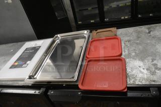 5 BRAND NEW SCRATCH AND DENT! Items Including 40718121WH Choice 18" x 12" x 1" White Polyethylene Cutting Board, Vollrath 90012 Super Pan 3® Full Size 1 1/2" Deep Anti-Jam Stainless Steel Steam Table / Hotel Pan - 22 Gauge,2 Red Lids, . 5 Times Your Bid!