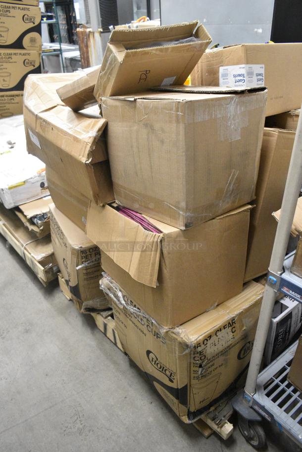 25 BRAND NEW SCRATCH AND DENT! Items Including 5005GTWH Lavex Linen-Feel White Customizable 1/6 Fold Guest Towel - 500/Case, Berry AEP 404648G 45 Gallon 1.9 Mil 40" x 46" Low Density Heavy-Duty Can Liner / Trash Bag - 100/Case, 5014046 Lavex Li'l Herc 45 Gallon 1 Mil 40" x 46" Low Density Medium-Duty Black Can Liner / Trash Bag - 100/Case, 500CC16 Choice Clear PET Customizable Plastic Cold Cup - 16 oz. - 1,000/Case, 5005GTWH Lavex Linen-Feel White Customizable 1/6 Fold Guest Towel - 500/Case, 176BPAN8542 Baker's Lane 1 lb. Glazed Aluminized Steel Bread Loaf Pan - 8 1/2" x 4 1/2" x 2 3/4". 25 Times Your Bid! - Image 2 of 14