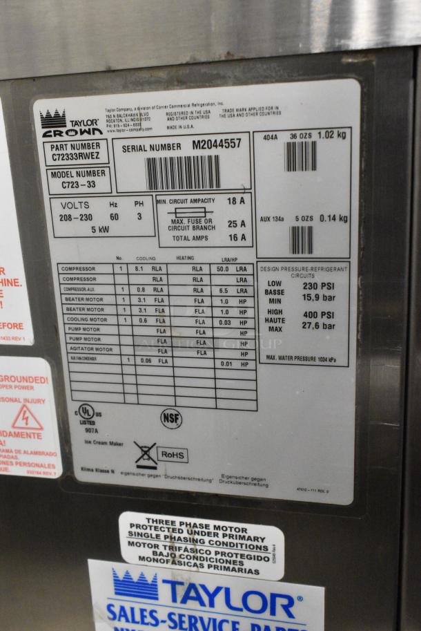 Taylor C723-33 Stainless Steel Commercial Floor Style Water Cooled 2 Flavor w/ Twist Soft Serve Ice Cream Machine on Commercial Casters. 208-230 Volts, 3 Phase. - Image 10 of 10