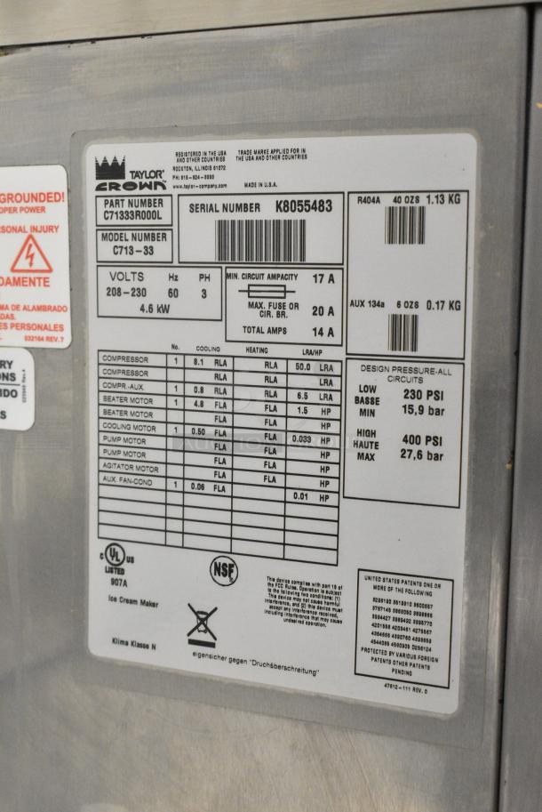 Taylor C713-33 Stainless Steel Commercial Floor Style Water Cooled 2 Flavor w/ Twist Soft Serve Ice Cream Machine on Commercial Casters. 208-230 Volts, 3 Phase. - Image 11 of 11