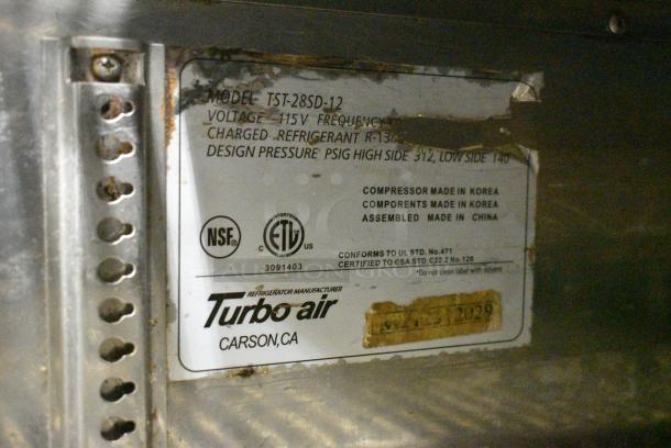 Turbo Air TST-28SD-12 Stainless Steel Commercial Sandwich Salad Prep Table Bain Marie on Commercial Casters. 115 Volts, 1 Phase. Tested and Powers On But Does Not Get Cold - Image 9 of 9