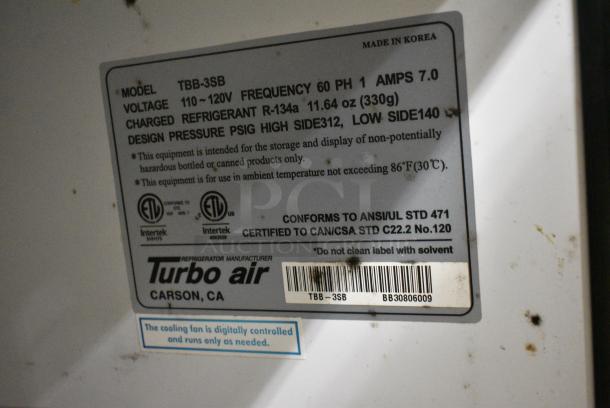 Turbo Air TBB-3SB Metal Commercial 2 Door Back Bar Cooler. 115 Volts, 1 Phase. Tested and Powers On But Does Not Get Cold - Image 6 of 6
