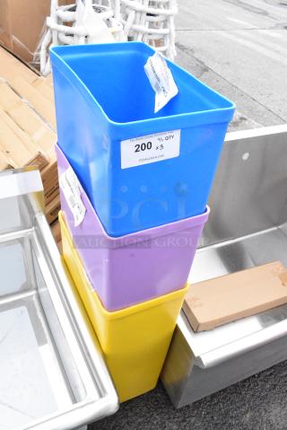 3 BRAND NEW SCRATCH AND DENT! Items Including 176IBM3BBL Baker's Lane 10 Gallon / 160 Cup Blue Ingredient Bin, 176IBM3BPR Baker's Lane 10 Gallon / 160 Cup Purple Allergen-Free Ingredient Bin, Baker's Lane 10 Gallon / 160 Cup Yellow Ingredient Bin, 3 176IBM3BLID Baker's Lane 10 Gallon / 160 Cup Ingredient Bin Lid. 3 Times Your Bid!