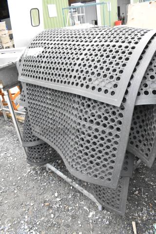 10 Black Anti Fatigue Floor Mats on Metal Floor Mat Cart on Commercial Casters. 10 Times Your Bid!