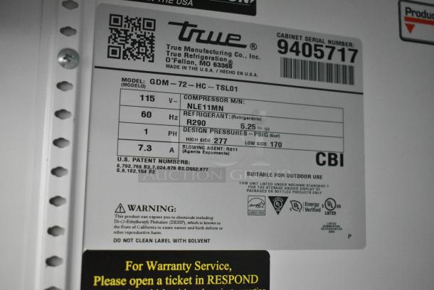 2018 True GDM-72-HC Metal Commercial 3 Door Reach In Cooler Merchandiser w/ Poly Coated Racks. 115 Volts, 1 Phase. Tested and Working! - Image 9 of 11