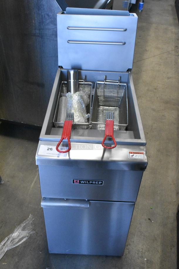 BRAND NEW SCRATCH AND DENT! Wilprep WP-F4-LP Stainless Steel Commercial Floor Style Propane Gas Powered Deep Fat Fryer w/ 2 Metal Fry Baskets. 120,000 BTU. - Image 1 of 16