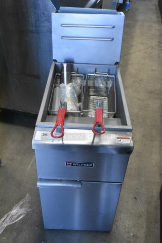 BRAND NEW SCRATCH AND DENT! Wilprep WP-F4-LP Stainless Steel Commercial Floor Style Propane Gas Powered Deep Fat Fryer w/ 2 Metal Fry Baskets. 120,000 BTU.