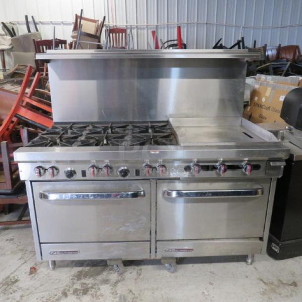 One Southbend 6 Burner/Griddle Natural Gas Range  With 4 Racks On Casters, 24 Inch Griddle With A Stainless Steel Over Shelf. 60.5X34.5X59.5. Model# S60DD-2GR. $8046.45 - Image 1 of 5