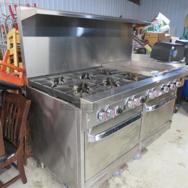 One Southbend 6 Burner/Griddle Natural Gas Range  With 4 Racks On Casters, 24 Inch Griddle With A Stainless Steel Over Shelf. 60.5X34.5X59.5. Model# S60DD-2GR. $8046.45 - Image 5 of 5