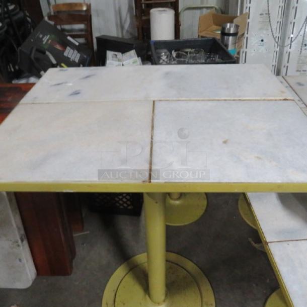 One 1920's Vintage Tile Bar Height Table Top On A Heavy Pedestal Base. 30X24X42.5 - Image 2 of 2
