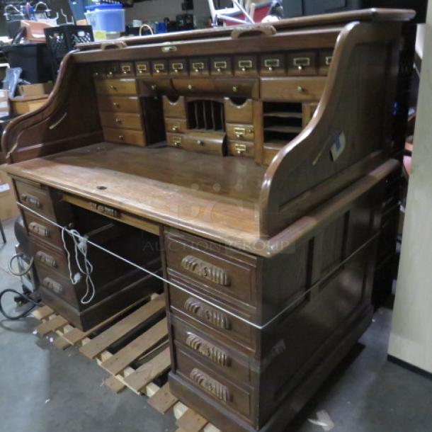 One Solid Oak Rolltop Desk With 33 Drawers. Small Crack See Pics. 61X36X51 - Image 2 of 6