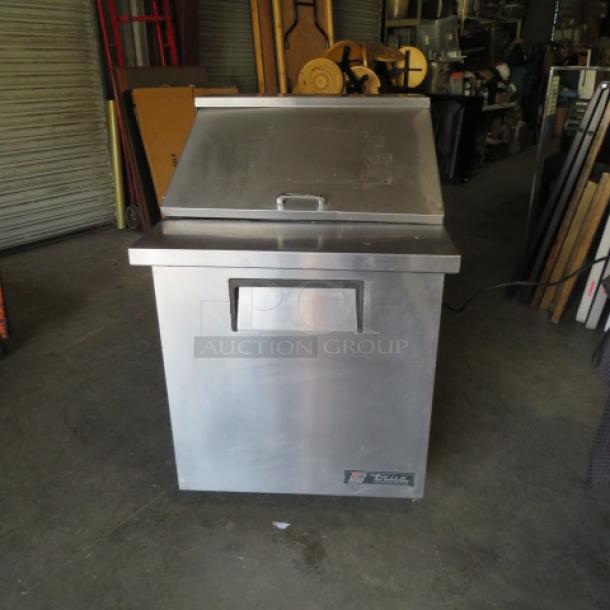 One WORKING True 1 Door Refrigerated Prep Table On Casters. Model# TSSU-27-12M-B. 115 Volt. 27.5X34X44. $3088.00. - Image 3 of 4