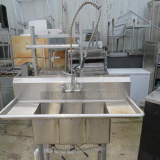 One Jimex 3 Compartment Sink With R/L Drain Boards, Faucet And Hose Sprayer. 54X21X46.5.