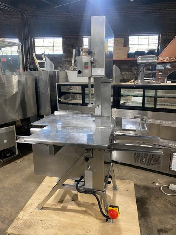 Marel Commercial Stainless Steel Electric Powered Floor Model Vertical Band Meat Saw! With Portion Control Slide Top Table! 200V! On Legs! - Image 1 of 10