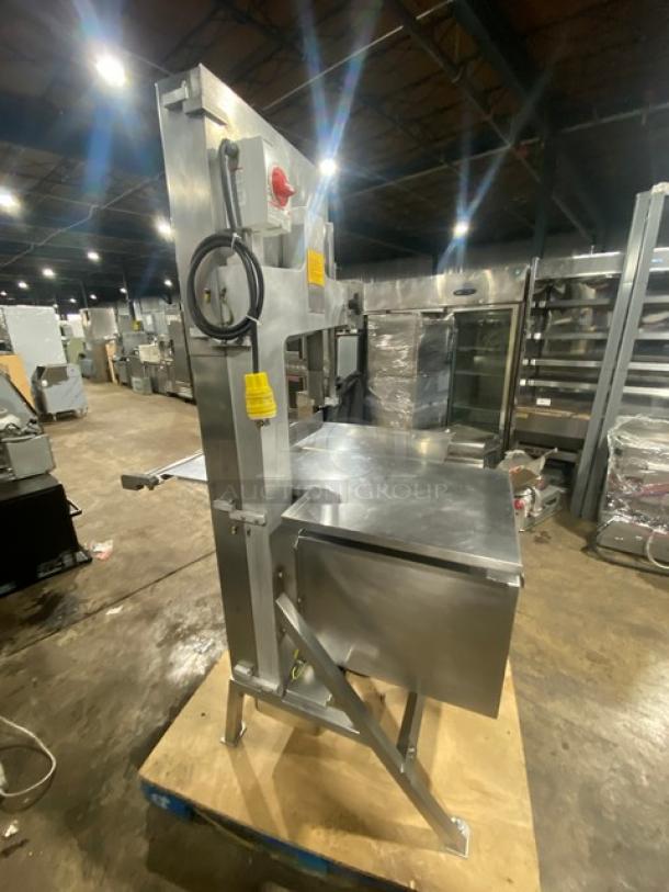 Marel Commercial Stainless Steel Electric Powered Floor Model Vertical Band Meat Saw! With Portion Control Slide Top Table! 200V! On Legs! - Image 4 of 10
