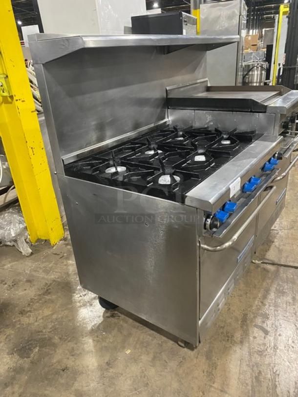 Montague Grizzly Series Commercial Stainless Steel Natural Gas Powered 6 Burner Range/Raised Flat Griddle Split Top & Double Oven Combo! With Built-In Broiler/Cheese Melter! With Back Splash & Overhead Salamander Shelf! With Wired Oven Racks! On Casters! - Image 2 of 11