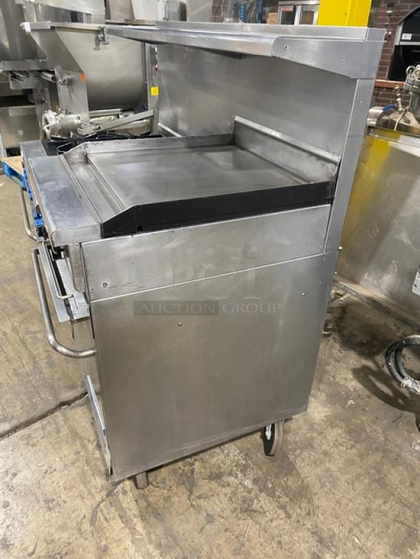 Montague Grizzly Series Commercial Stainless Steel Natural Gas Powered 6 Burner Range/Raised Flat Griddle Split Top & Double Oven Combo! With Built-In Broiler/Cheese Melter! With Back Splash & Overhead Salamander Shelf! With Wired Oven Racks! On Casters! - Image 3 of 11