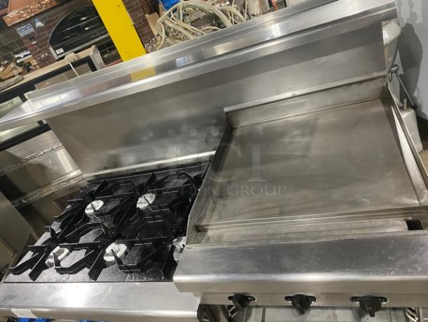 Montague Grizzly Series Commercial Stainless Steel Natural Gas Powered 6 Burner Range/Raised Flat Griddle Split Top & Double Oven Combo! With Built-In Broiler/Cheese Melter! With Back Splash & Overhead Salamander Shelf! With Wired Oven Racks! On Casters! - Image 5 of 11