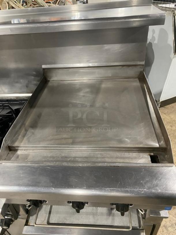 Montague Grizzly Series Commercial Stainless Steel Natural Gas Powered 6 Burner Range/Raised Flat Griddle Split Top & Double Oven Combo! With Built-In Broiler/Cheese Melter! With Back Splash & Overhead Salamander Shelf! With Wired Oven Racks! On Casters! - Image 6 of 11