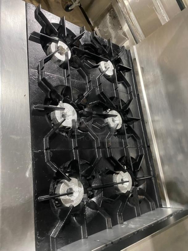 Montague Grizzly Series Commercial Stainless Steel Natural Gas Powered 6 Burner Range/Raised Flat Griddle Split Top & Double Oven Combo! With Built-In Broiler/Cheese Melter! With Back Splash & Overhead Salamander Shelf! With Wired Oven Racks! On Casters! - Image 7 of 11