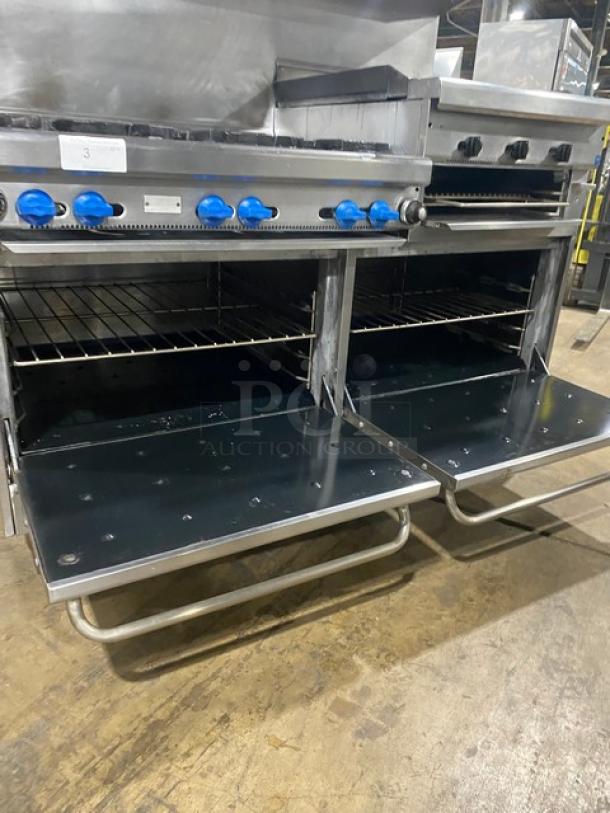 Montague Grizzly Series Commercial Stainless Steel Natural Gas Powered 6 Burner Range/Raised Flat Griddle Split Top & Double Oven Combo! With Built-In Broiler/Cheese Melter! With Back Splash & Overhead Salamander Shelf! With Wired Oven Racks! On Casters! - Image 9 of 11