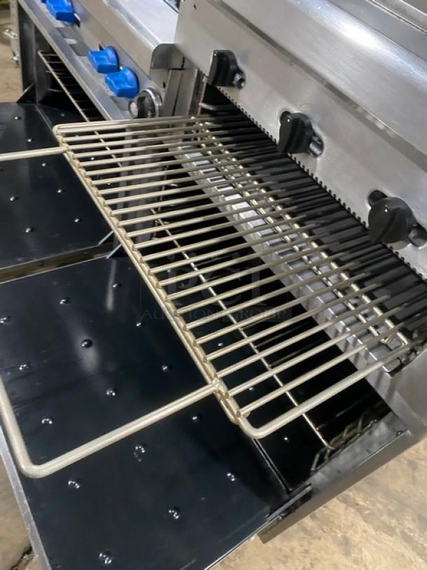 Montague Grizzly Series Commercial Stainless Steel Natural Gas Powered 6 Burner Range/Raised Flat Griddle Split Top & Double Oven Combo! With Built-In Broiler/Cheese Melter! With Back Splash & Overhead Salamander Shelf! With Wired Oven Racks! On Casters! - Image 10 of 11